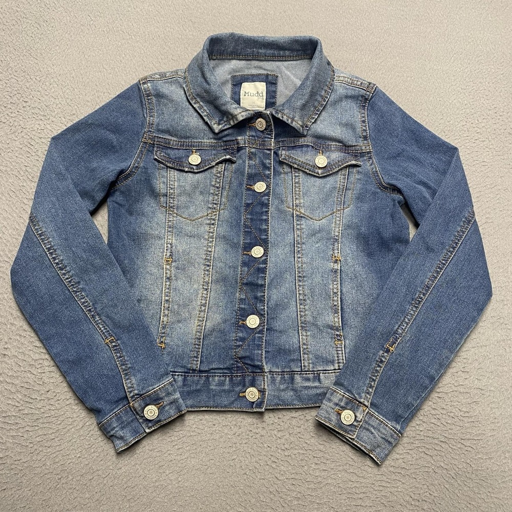Mudd Jacket Girls 14 Blue Denim Jean Trucker Button Front Casual Stretch